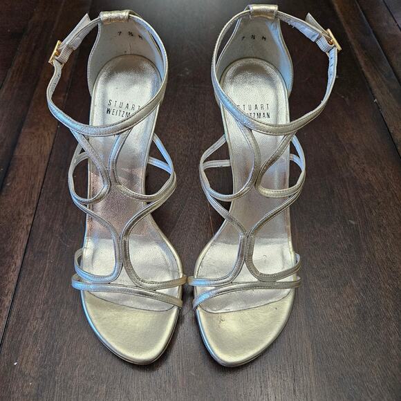 Stuart Weitzman strappy metallic heels womens 7.5 evening party wedding elegant - Picture 1 of 11
